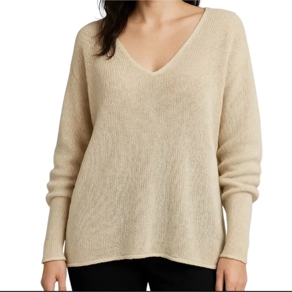 VINCE Double V 100% Linen Ivory Long Sleeve Beachy Sweater, Sz XS